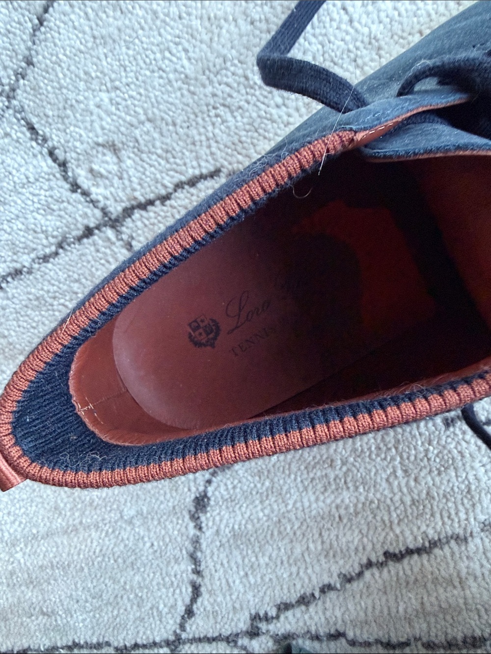 Loro Piana Navy Suede Lace-Up Loafers with Tan Trim - Picture 3 of 4